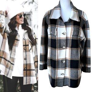 Cupcakes and Cashmere Brown White Tan Plaid Shacket with Pockets Size Large